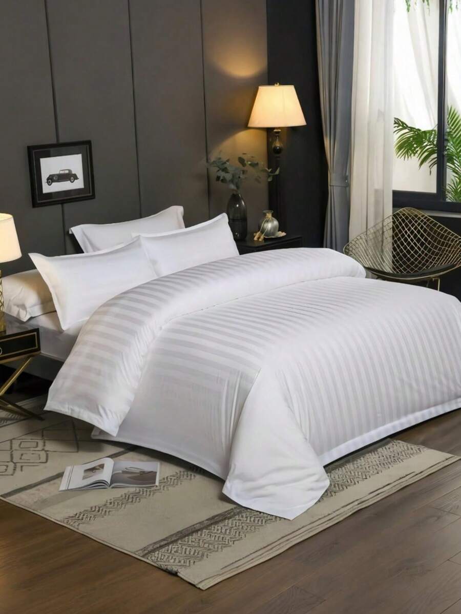 一套純白色飯店系列緞條條紋被套套裝-經典條紋提花單人-簡約北歐風-棉緞-輕奢高級全棉床品套件-新年禮物-歐式絲滑保暖柔軟-可水洗床品-經典百搭簡約-家居佈置裝飾-被套1 40*200CM-枕頭套70*80CM-枕頭套信封式不含拉鍊-被套帶拉鍊-賓館民宿床上用品-多尺寸三件套200*220CM-三件套160*200CM-兩件套140*200CM