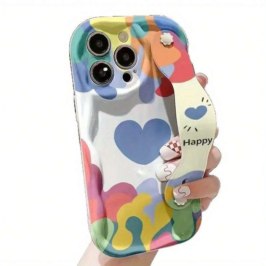 Funda para teléfono móvil: Una funda bonita y elegante con correa de muñeca, con diseño de corazón estilo grafiti y un borde ondulado. Compatible con phone 16, 15, 14, 13, 12 Pro, 16, 15, 14 Plus, 13 y 12. Fabricada en TPU suave, gruesa y de cobertura total, ofrece protección contra caídas, ideal para fiestas y cumpleaños. - Blanco - Ver 1