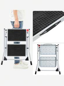 Scaletta a 2 Gradini, Scala Pieghevole, Gradini di 20 cm Coperti con Gomma Antiscivolo, con Manico, Capacità di Carico di 150 kg, in Acciaio,Bianco - Bianco - Visualizzare 5