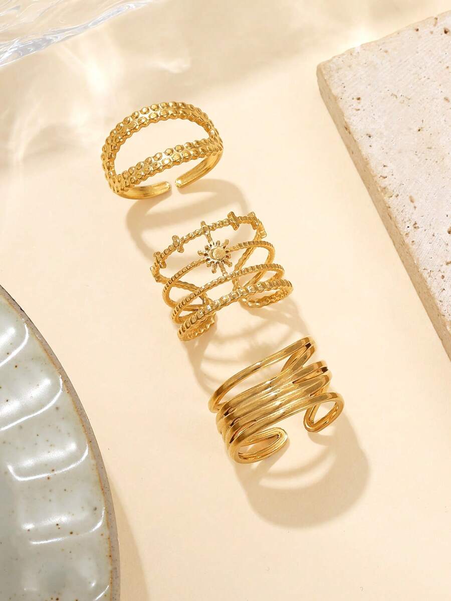 3件套不锈钢金色多层旭日戒指套装，夸张时尚，适合女性日常装饰或送礼 - 金黃色 - 查看 1