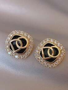 1 对欧美时尚经典钻石形方形耳环，女士水钻字母耳饰 - 金黃色 - 查看 10