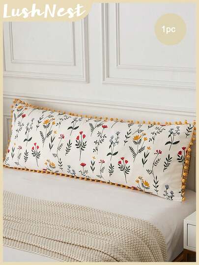 1 件装绒球花卉装饰枕套，20 英寸 x 54 英寸，波西米亚农舍风格，米色枕套，男女通用礼品