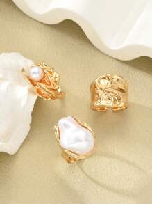 3 件复古不对称金属金色抽象戒指，巴洛克仿珍珠装饰戒指，可堆叠厚珠宝套装，适合女性日常和各种派对装饰、时尚服装搭配、节日礼物
