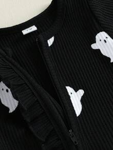 My First Halloween Baby Girl Outfit Romper Ruffles Ghost Print Zipper Long Sleeves Jumpsuits Cute Clothes - 黑色 - 查看 4