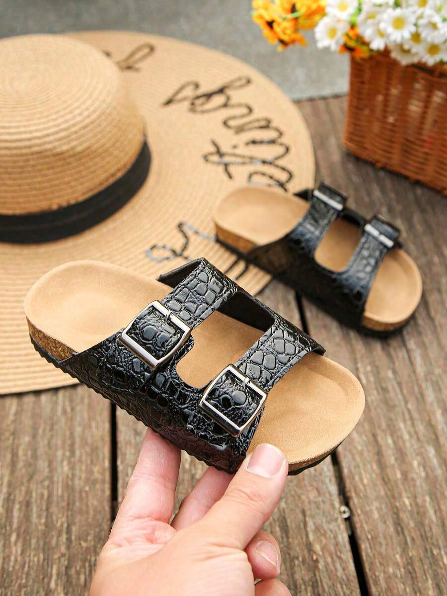 1 Pair Children's Fashionable Leopard Print PU Design Non-Slip Soft Cork Flat Toe Open Beach Slippers, Suitable For Summer