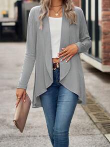 Women Long Sleeve Cardigan Open Front Solid Ladies Jacket Fall Tops For Casual Daily - Light Grey - View 2