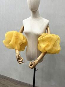 1 双白色欧根纱泡泡袖云朵袖，带弹性袖口，新娘短袖袖口