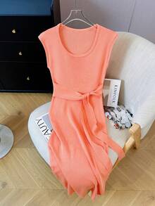 圆领短袖针织系腰中长连衣裙，休闲修身简约风格 - 橘色 - 查看 6