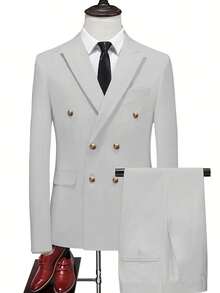 2pcs Men's Fashion New Solid Color Slim Fit Stretchy Suit Set, Including Double-Breasted Blazer And Trousers, Business Formal Work Outfit, Tuxedo - White - View 2