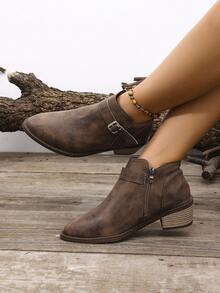 Botas de tobillo con diseño de hebilla estilo occidental, cremallera lateral y tacón bajo para mujer; Nuevo lanzamiento de otoño 2025, moda versátil, adecuado para primavera y otoño, uso diario, atuendo de fiesta, botas Chelsea