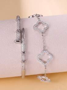 1 Set Fashion Silver Four-Leaf Clover Nail Bracelet, Cubic Zirconia Women's Bracelet, Suitable For Stacking And Daily Wear, Luxury Jewelry Gift For Holidays