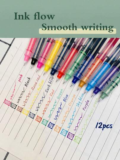12支/套液体墨水圆珠笔，速干，大容量，适合书写，办公，考试，学校用品，文具，色彩鲜艳