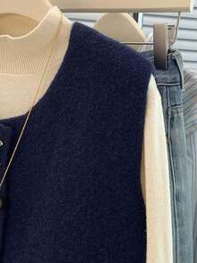 Women's Navy Knit Waistcoat - French Chic Button Front Vest With Pocket, Soft Stretch For Layering