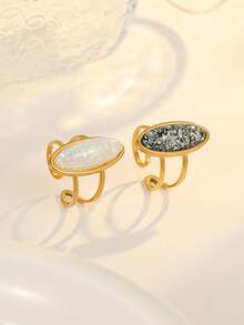 2 chiếc nhẫn hở bằng thép không gỉ mạ vàng khảm đá quý màu trắng và xám, thích hợp làm phụ kiện hoặc quà tặng ngày lễ cho phụ nữ - Vàng - Xem 2