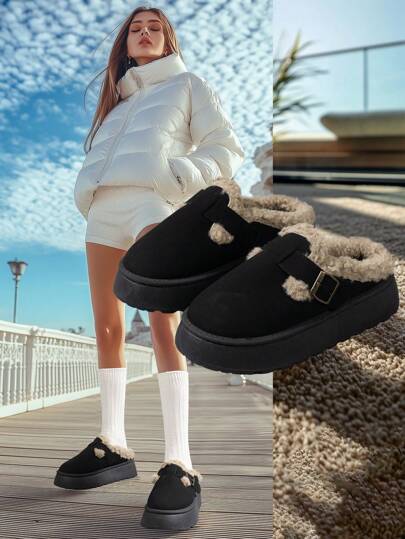 Pantuflas negras esponjosas de mujer nuevas para 2025, para uso en exteriores en invierno, con forro de felpa, suela gruesa, elevadas, con hebilla, plataforma, tallas grandes para nieve
