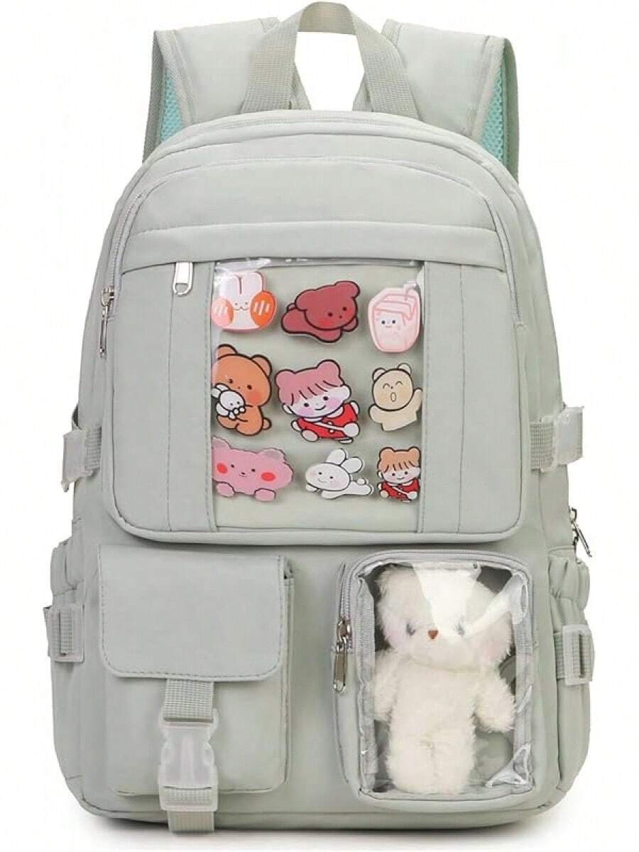Kawaii Backpack For Teen Girls, Cute Aesthetic High Middle School College Bookbag With Accessories, Beige - Light Green - 查看 1