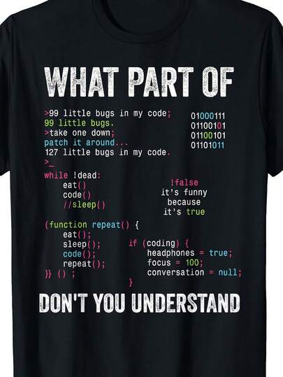 Camiseta de manga corta con patrón divertido de código de programación negra