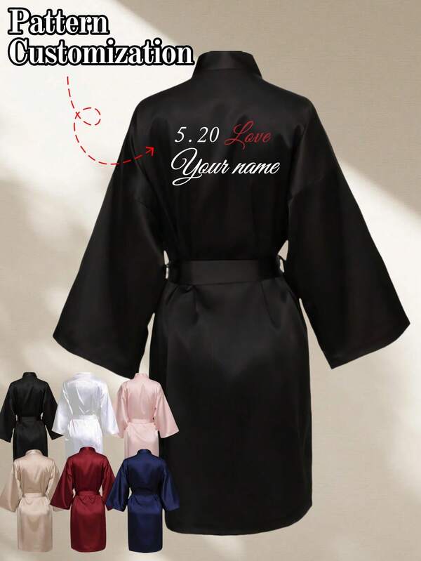 1 PC Custom Long Robe, Three-Quarter Sleeves Ladies Kimono Style Sleepwear, Short Sexy Spring Summer Kimono Style Elegant Soft Shiny Lightweight Knee-Length Printed Sleepwear Halloween Wedding Anniversary Gift, Fall, Winter