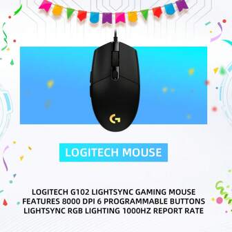 Logitech G102 Light Sync 有线游戏鼠标，带 RGB 照明、游戏级传感器、8000 Dpi 轻量级，适用于 PC 笔记本电脑游戏玩家