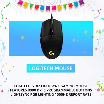 Logitech G102 Light Sync 有线游戏鼠标，带 RGB 照明、游戏级传感器、8000 Dpi 轻量级，适用于 PC 笔记本电脑游戏玩家