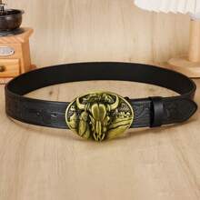 1 件波西米亚西部风格字母压花金属扣复古棕色 PU 皮带秋季、秋季、万圣节秋冬配饰，适合青少年、青年、男士、休闲、户外、运动、度假、毕业礼物、生日、日常穿着 - 黑色 - 查看 2