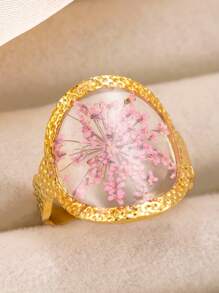 1pc Gold Hollow Exaggerated Design Round & Heart Shaped Flower Decor Titanium Steel Adjustable Open Ring, Suitable For Banquets And Gifts