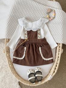 Baby Girl Sweet Lace Trim Floral Ribbon Corduroy Ditsy Floral Suspender Dress, Spring/Autumn - Brown - View 4