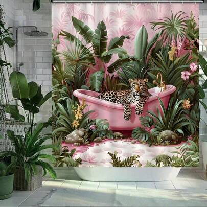 1pc Original Design Pink Bathtub With Leopard Pattern Waterproof Shower Curtain Flowers Leaves Leopard Printed Shower Curtain Tropical Animal Decorative Bath Curtain ,Waterproof And Mildew Resistant, Machine Washable, Made Of Polyester, Non-Light-Blocking, Lightweight And Breathable. Color May Vary Slightly Depending On Lighting Conditions. Includes 12 Hooks - Artistic Bathroom Decor.