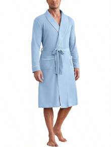 Mens Robes Lightweight Waffle Knit Kimono Bathrobe Long Sleeve Sleepwear Soft Knee Length Robe With Pockets S-3XLhalloween - Clear Blue - View 1
