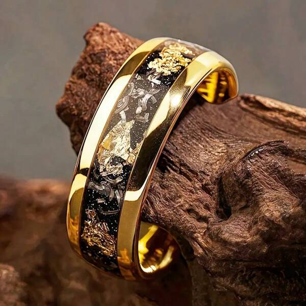 Unisex 8mm 316L Stainless Steel Ring With Synthetic Meteorite & Abalone Shell Inlay - Iridescent Mother-Of- Accents, Durable Wedding Band For Men & Women, Valentine's Day Gift, Everyday Jewelry, Anniversary Gift, Unique Pattern, Polished Finish, Fashion Lovers, Modern Jewelry, Highquality Jewelry, Statement Jewelry, Jewelry Collectors
