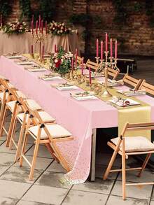 Pink And Gold Disposable Plastic Tablecloth And Satin Tablecloth Set, 137 X 274cm Tablecloth, 28 X 274cm Tablecloth, Suitable For Weddings, Graduation Birthdays - Pink - View 5