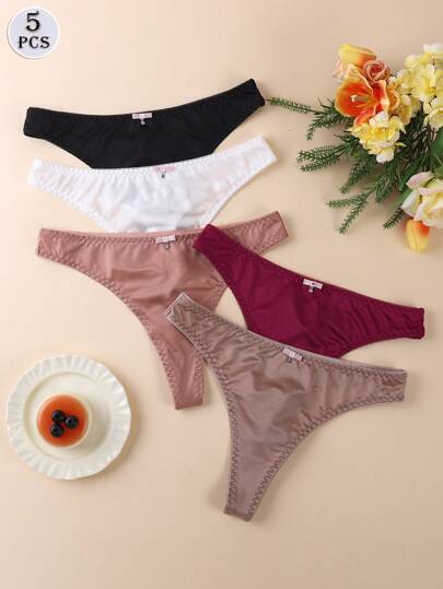 5条/包 女士无缝纯色性感低腰丁字裤，舒适比基尼内裤