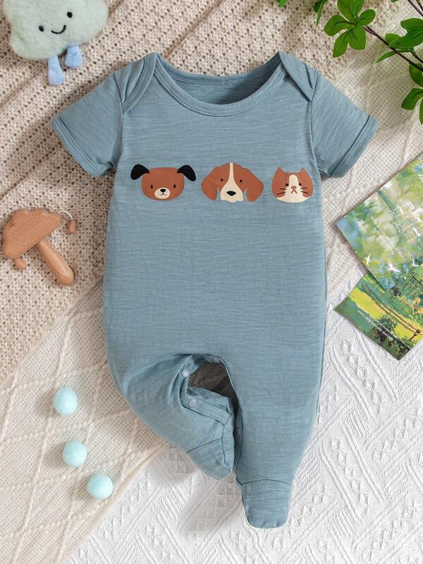 Baby Jungen Blauer Bodysuit + Süßer 3er-Pack Baby Bodysuit mit Tierdruck, Kurzarm, mit Füßchen
