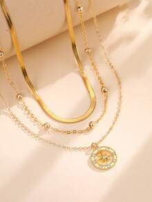 Stunning Copper Round Hollow Star Sun Inlaid With Shining Cubic Zirconia Pendant, With Stainless Steel Gold Wire Wide Flat Blade Chain Layered Design Necklace, Suitable For Women's Beach Party Wear - 金黃色 - 查看 2