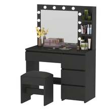 Dressing Table With Stool, Classic Style Vanity Desk With Adjustable 3-Colour LED Lights, Black - Black - View 9