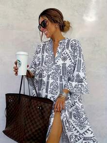 Plus Size Women Elegant New Fashion Floral Print Casual Loose Midi Dress, 3/4 Sleeve Shirt Dress, Suitable For Spring/Summer/Autumn