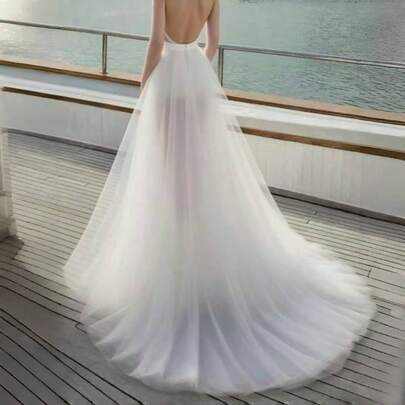 1 pieza Falda de tul de 3 capas, con abertura lateral, elegante vestido de playa de cintura alta desmontable con cola, adecuado para boda/fiesta/Halloween, ligero y transparente, un atuendo ideal para mujeres en otoño