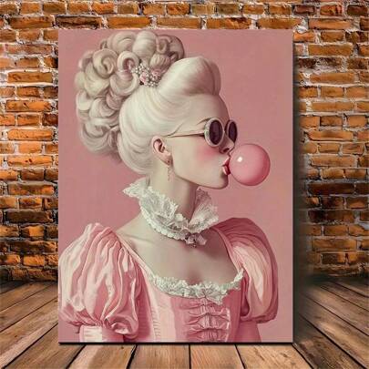 1pc Antique Bubble Gum Portrait Canvas Printing, Canvas Wall Art, Pink Retro Poster, Office And School Decoration, Art Classroom Decoration, Suitable For Halloween, Singles' Party, Beach Party, Anniversary Celebration,No Frame