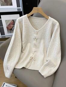 New Fashion V-Neck Sweater, Essential For Autumn/Winter. Diverse Styles Including Solid Color Long Sleeve Tie Design, School Uniform, Cute Style, And Streetwear. Suitable For Casual Minimalist, Office Wear, Retro Style, Daily Casual Outfits, Christmas And Thanksgiving Dresses, New Year's Eve And Other Occasions. - White - View 3