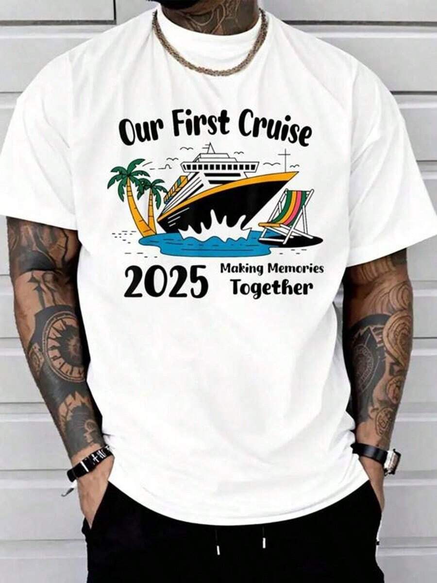 Our First Cruise 2025 Together Matching Couples Cruise T-Shirt Print T-Shirt Casual Crew Neck Short Sleeve Comfort Tee Top For Spring & Summer Men's Clothing Vintage Shirts Graphic Tees Men Camisas Para Hombre Funny Shirts Printed & Shipped In USA - 白色 - 查看 1