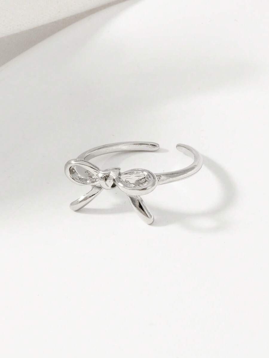 1pc Cute Minimalist Alloy Geometric Bow Adjustable Ring, Girl Jewelry - Silver - View 1
