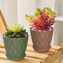 6 个 4 英寸 3D 波浪设计塑料花盆，带托盘和排水孔，适用于室内外植物、花卉、草本植物、多肉植物和幼苗，形状独特，色彩鲜艳，实用性强，装饰性强 - 彩色 - 查看 10
