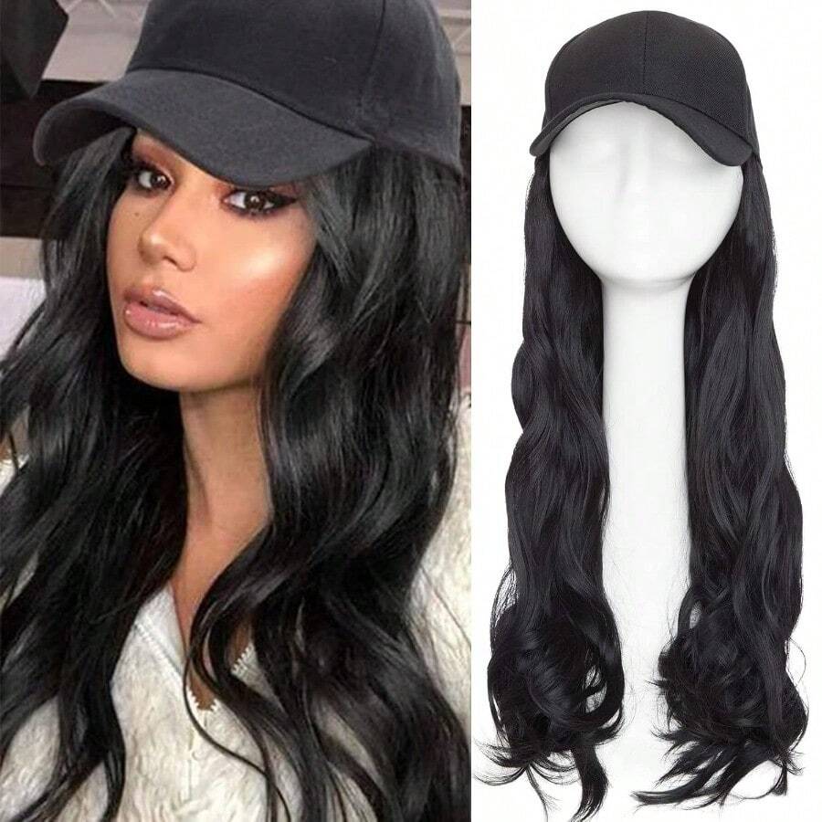 A16" Curly Wavy Baseball Cap Wig With Hair Extensions Adjustable Cap For Women Curly Black 4331 - đen - Xem 1