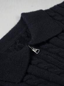 一件秋冬复古硬币图案男士毛衣，休闲宽松套头衫，时尚街头风，四分之一拉链高领纯色，适合万圣节穿着，长袖上衣 - 黑色 - 查看 5