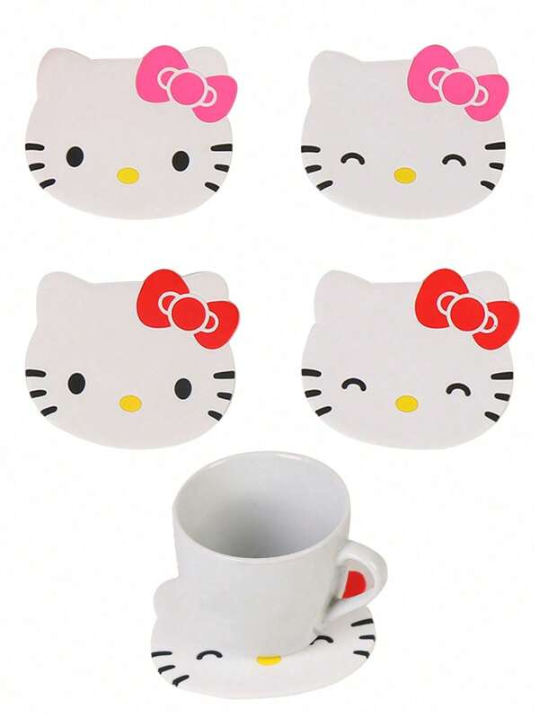 Sanrio 1/5 pièces Tapis de tasse Hello chat de dessin animé pour l'isolation thermique, anti-brûlure et antidérapant (certaines parties peuvent être aléatoires)