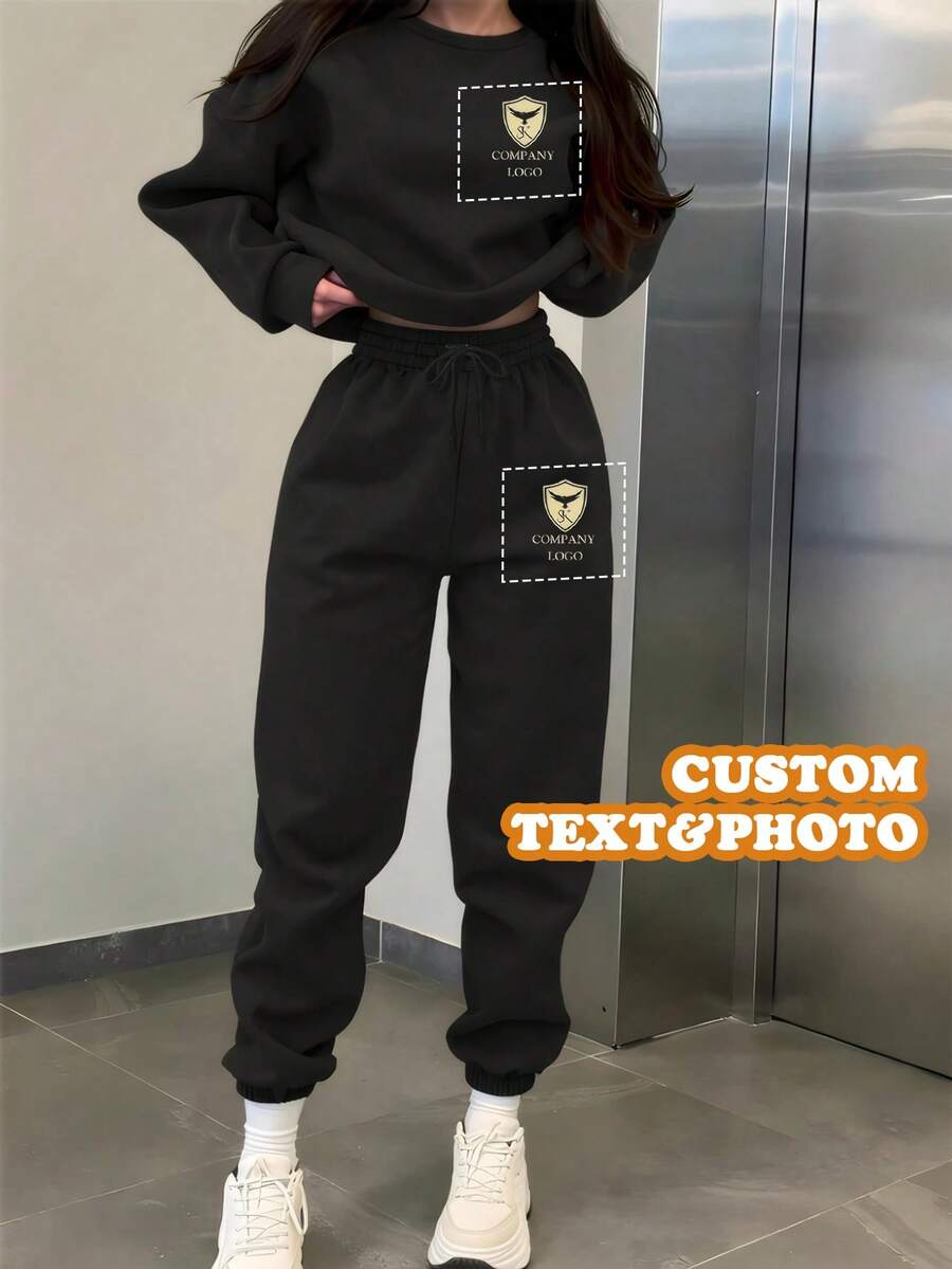 Customize Personalized Gifts With Unique Design, Add Your Own Text And Images (Badge Pattern/Company Logo/Family Photo/Selfie/Pet), Personalized Sweatshirt And Sweatpants Two Pieces Set - Black - View 1