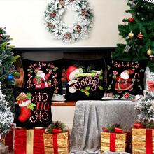 4 st/280 st örngott med jultema, svart bakgrund med jultomten- och polkagrismönster, lämplig för julvardagsrum, sovrum, soffdekoration, 45x45 cm örngott, julfestdekoration, julrestaurangdekoration - Jultomten med käpp på svart bakgrund - Visa 5