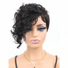 AShort Curly Pixie Cut Wig Human Hair For Black Women Bob Gluel Wear And Go Wig Brazilian Human Hair Loose Curl Haircut Side Bangs Natural Wavy Wigs Fashion Wigs4331 - 101-黑色 - 查看 3