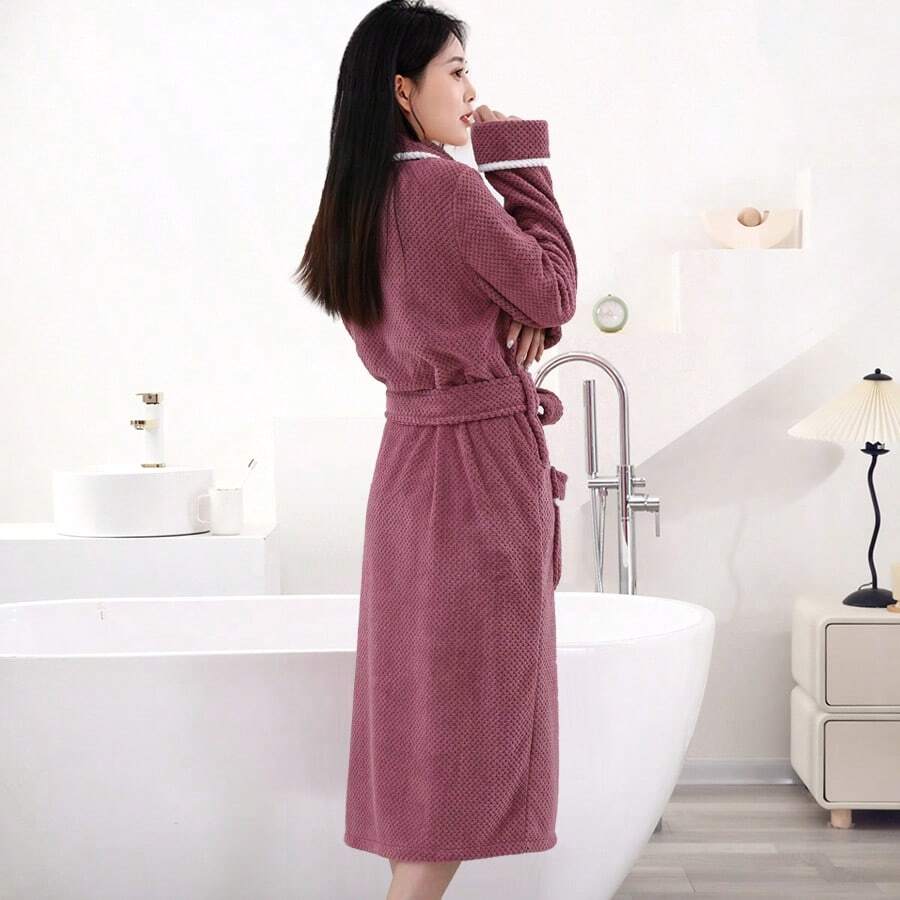 1pc Deep Purple Soft & Comfortable Bathrobe, Long Sleeve With Large Pocket, Plus Size Women Bathrobe, Soft Absorbent Quick Dry For Home, Hotel Use, All Seasons Back To School - Dark Purple Edging - View 1