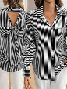 Blusa de manga larga con cuello a rayas y dobladillo regular para mujer talla grande, con detalle de nudo, de tela sin estiramiento